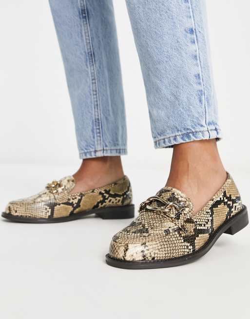 White Brown Snake Print Metal Chain Mens Loafers Shoes Flats