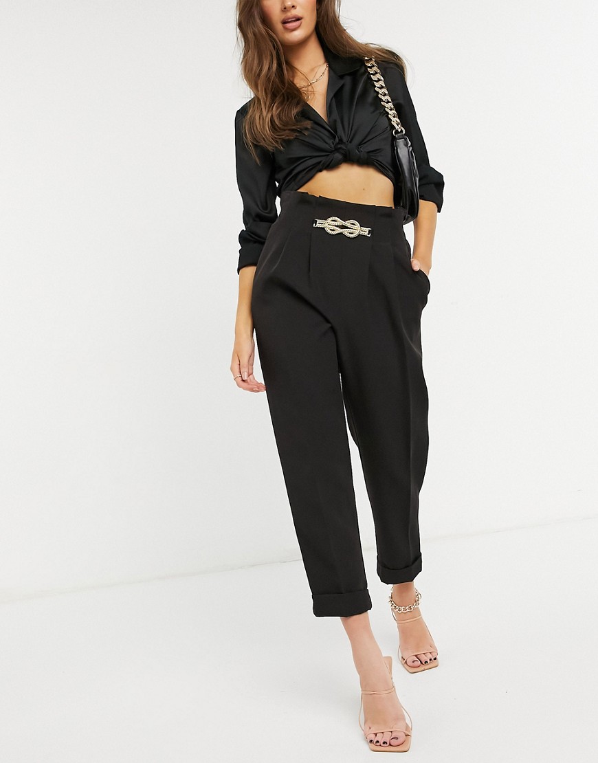 River Island chain front tailored peg pants in black