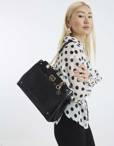 River Island Chain handle embossed tote bag in black - view 1