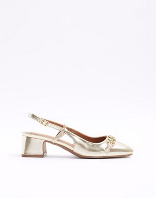 River Island Chain sling back heeled court shoes in gold - ASOS Price Checker