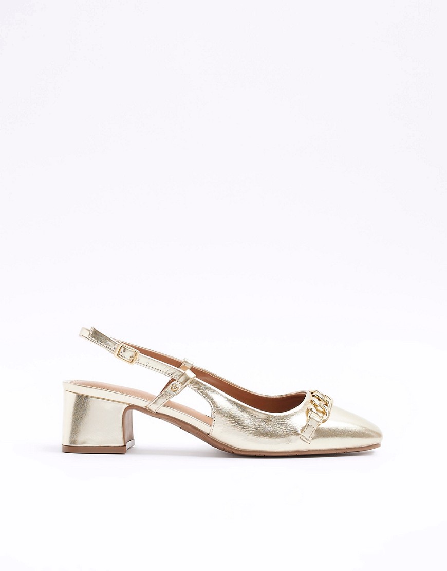 River Island Chain sling back heeled court shoes in gold