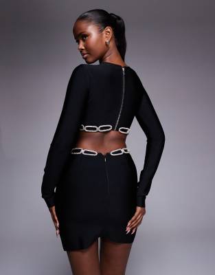 River Island Chain Trim Cutout Detail Knit Mini Dress In Black