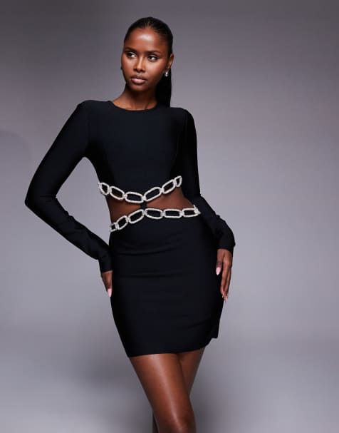 River Island chain trim cutout detail knitted mini dress in black - view 1