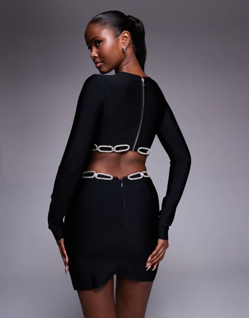 River Island chain trim cutout detail knitted mini dress in black, 2 of 4