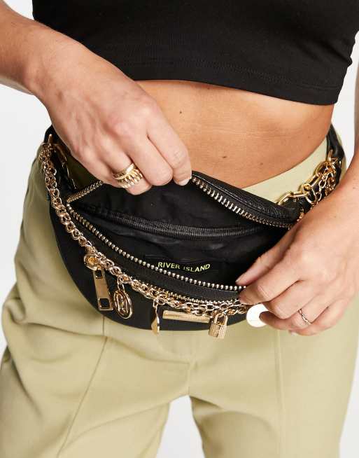 River Island charm chain bum bag in black