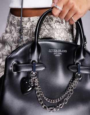 River Island Charm Embellished Curve Tote Bag In Black