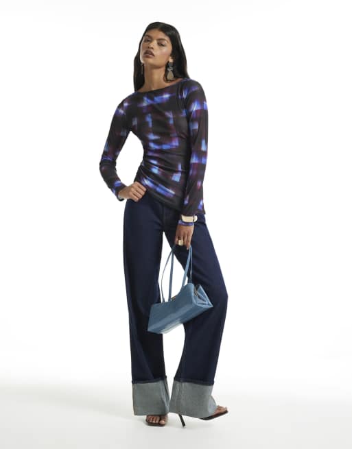 River Island Check asymmetric hem top in blue - dark, 3 of 4