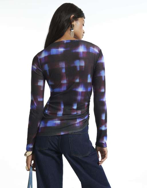 River Island check asymmetric hem top in blue, 4 of 4