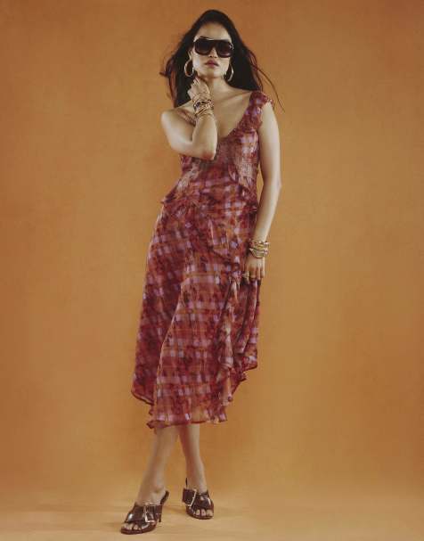 River Island Check asymmetric midi dress in brown - view 1
