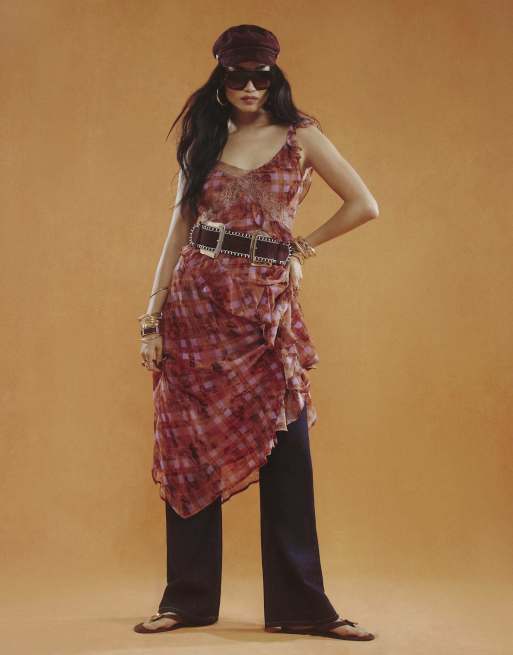 River Island Check asymmetric midi dress in brown, 2 of 4