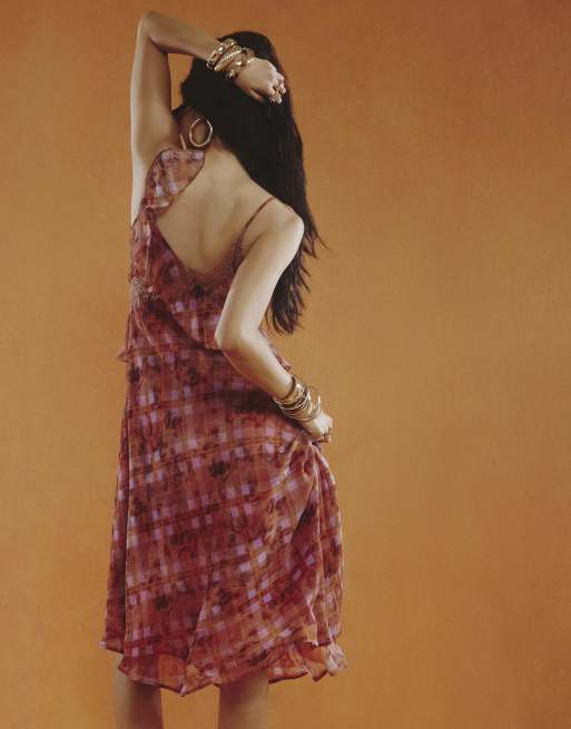 River Island Check asymmetric midi dress in brown, 4 of 4