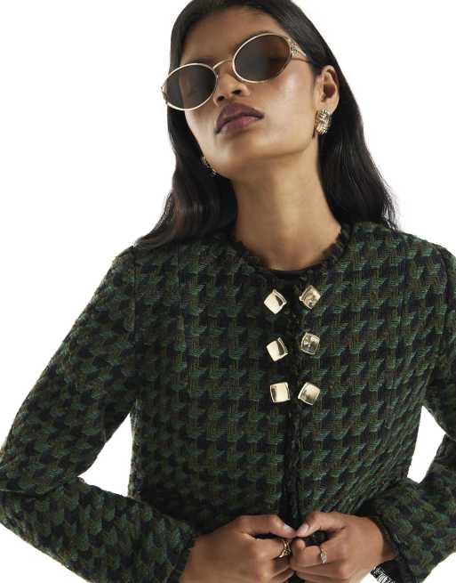River Island Check boucle cropped jacket in green, 3 of 4