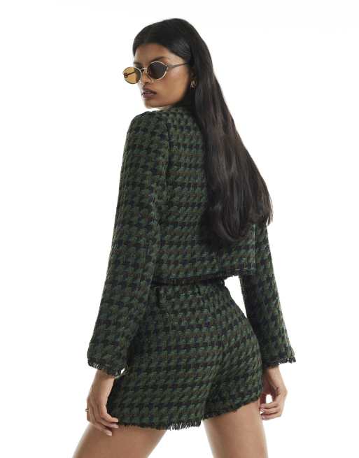 River Island Check boucle cropped jacket in green, 4 of 4