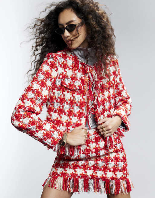 River Island Check boucle jacket in red, 3 of 4