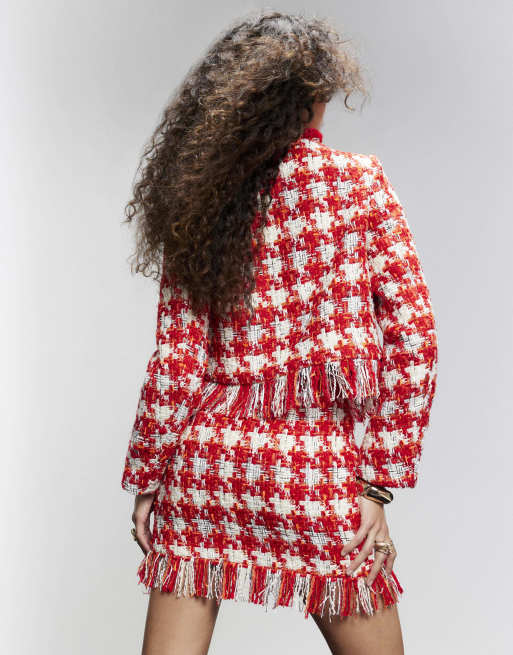 River Island Check boucle jacket in red, 4 of 4