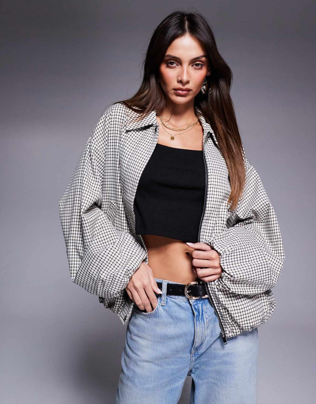 River Island check bubble hem bomber jacket in cream