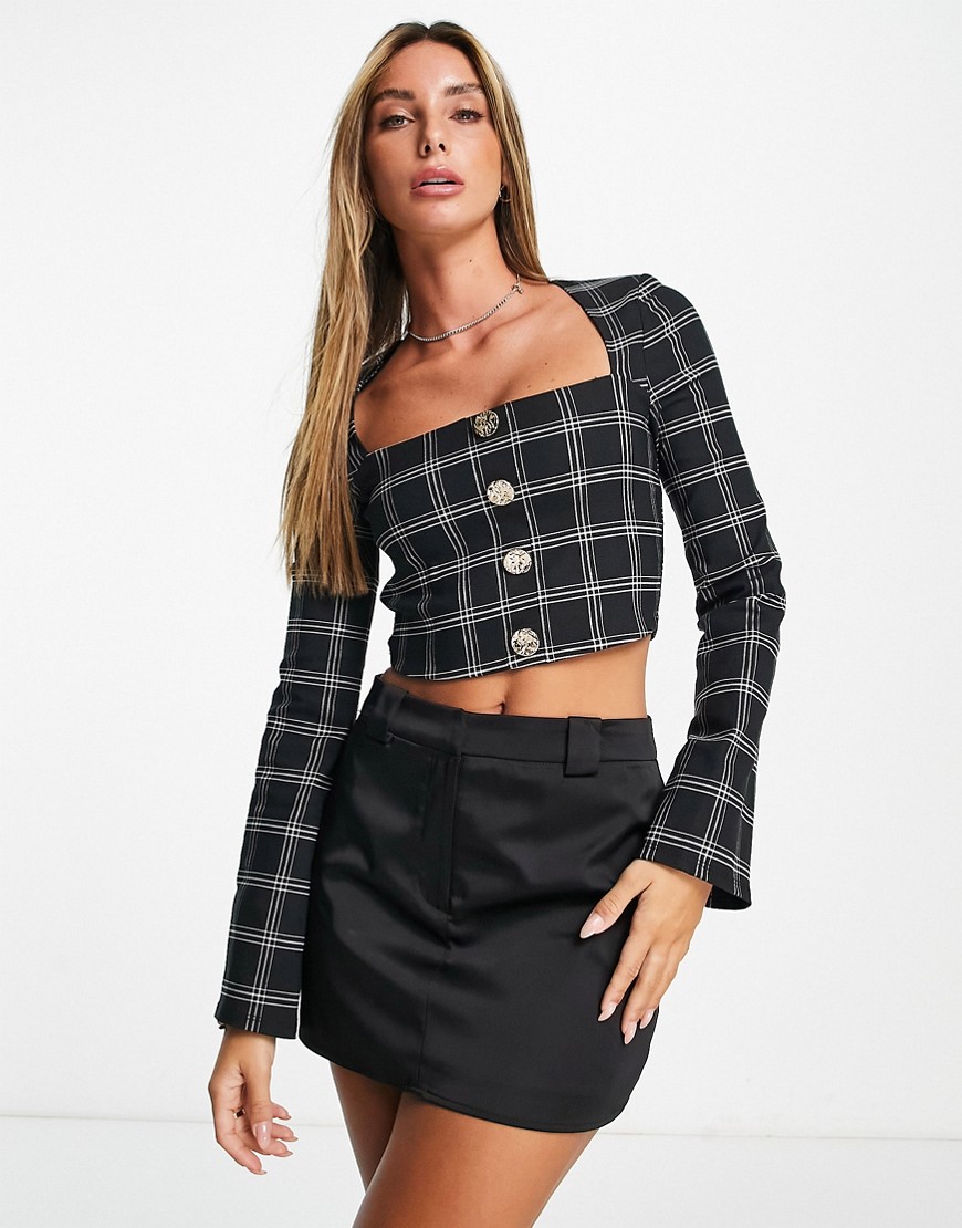 River Island check button front crop top in navy
