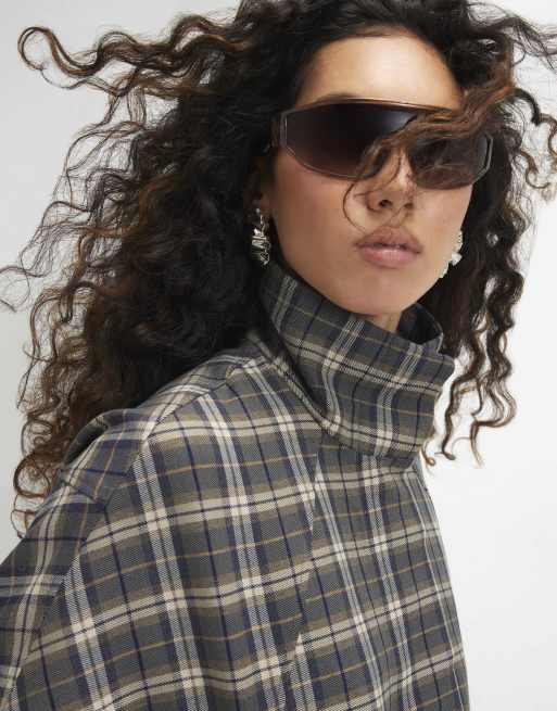 River Island Check funnel neck bomber jacket in green, 2 of 4