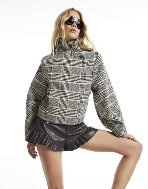 River Island Check funnel neck cocoon sleeve jacket in beige - view 1