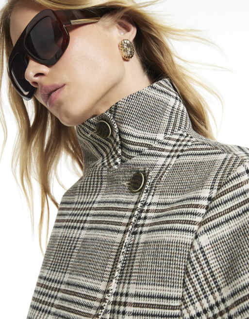 River Island Check funnel neck cocoon sleeve jacket in beige, 3 of 4