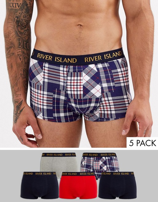 River Island check hipsters in red and navy multi 5 pack