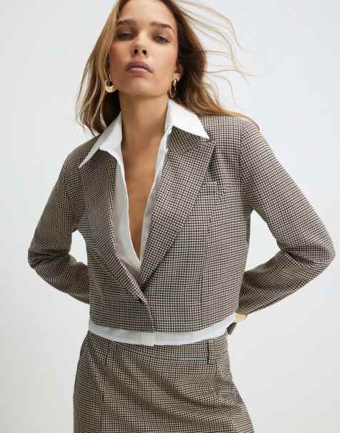 River Island Check hybrid cropped blazer in brown - view 1