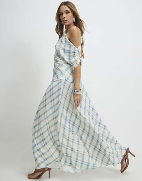 River Island Check maxi skirt in blue - light