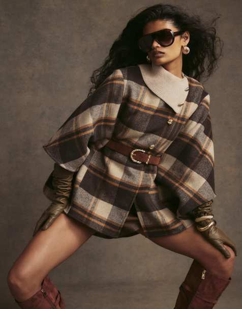 River Island Check print belted button cape in brown - view 1