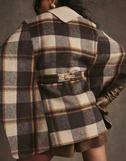 River Island Check print belted button cape in brown, 4 of 4
