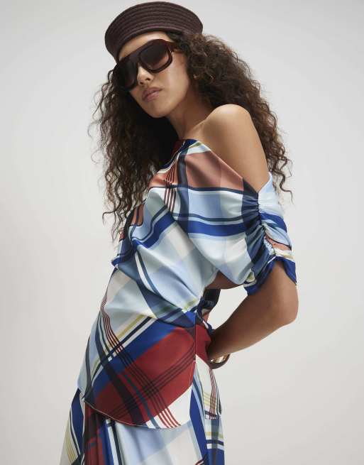 River Island Check satin blouse in burgundy, 2 of 4