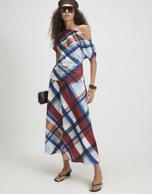 River Island Check satin blouse in burgundy, 3 of 4