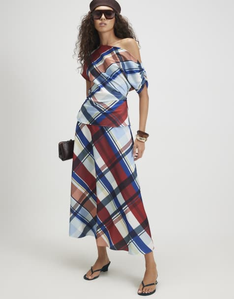 River Island Check satin co-ord in burgundy - view 1