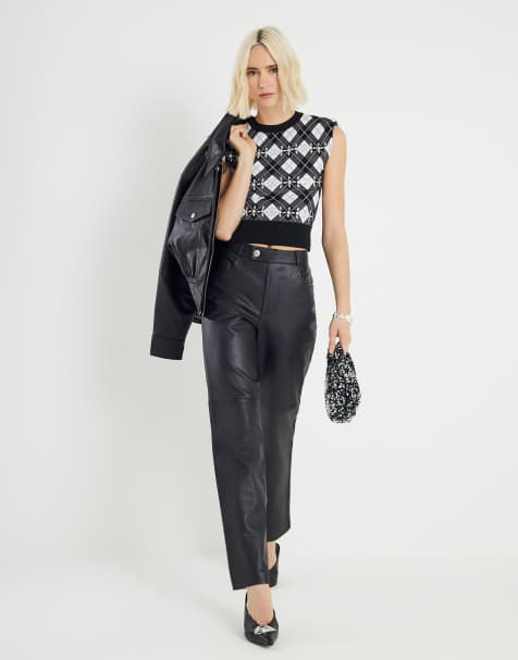River Island Check shoulder pad embellished top in black - view 1