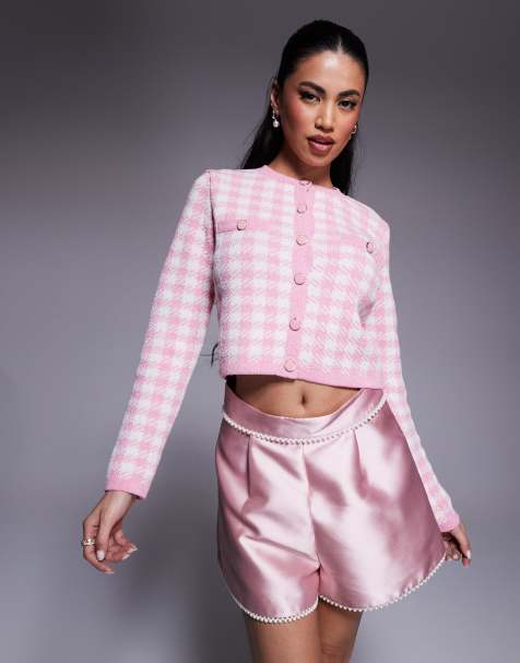 River Island checked cropped cardigan in light pink - view 1