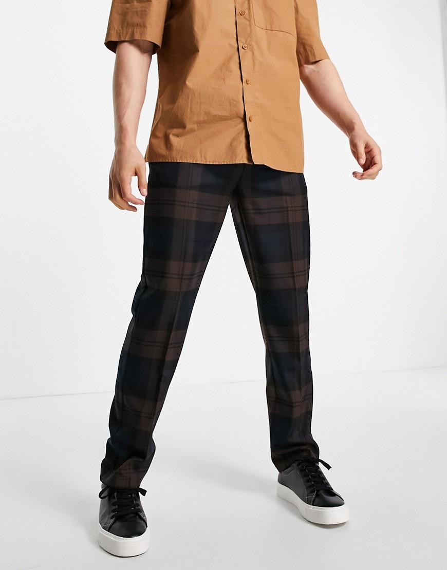 River Island checked pants in brown and navy