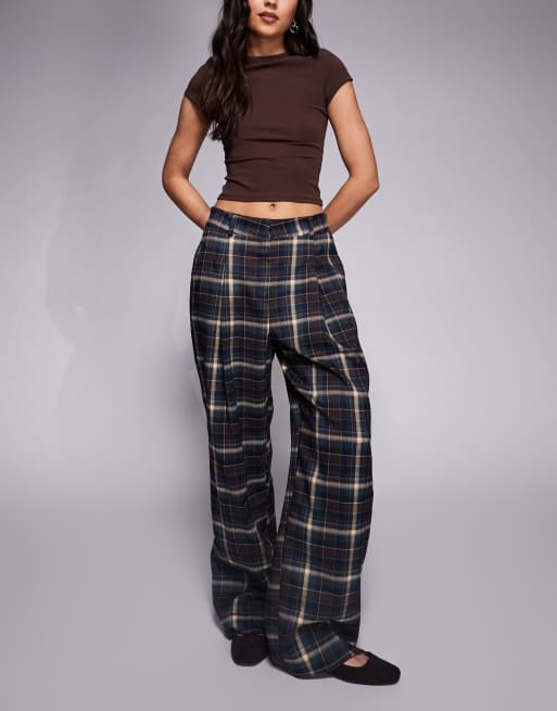 River Island checked pattern wide leg pants in brown 