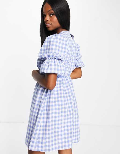 River Island checked shirred mini dress in blue