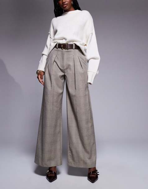 River Island checked wide leg pants in light brown - view 1