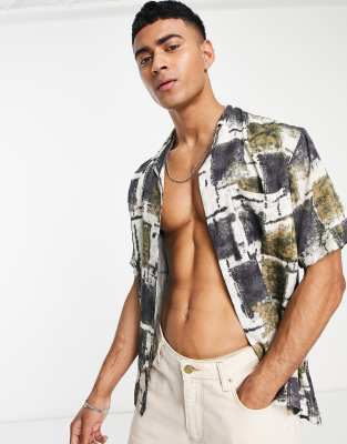 River Island checkerboard revere collar shirt in ecru - ASOS Price Checker