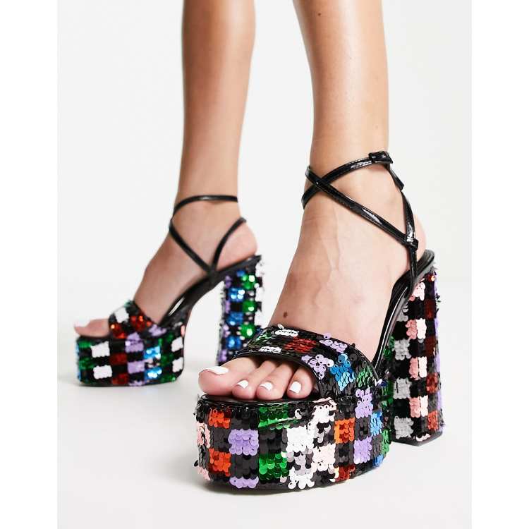 Sequin open toe sales chunky heeled sandals