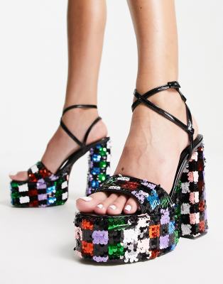 River Island checkered sequin platform heels in black | ASOS