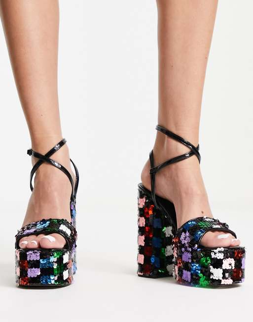 River Island checkered sequin platform heels in black