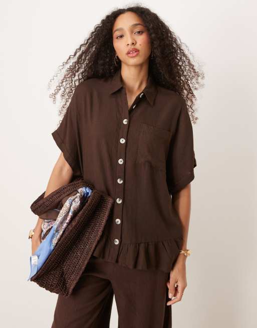 River Island - Chemise aspect lin avec manches nouées - Marron