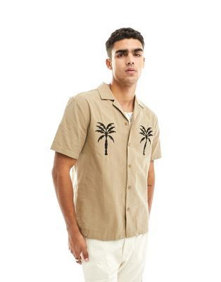 River Island palm embroidered shirt in brown - ASOS Price Checker