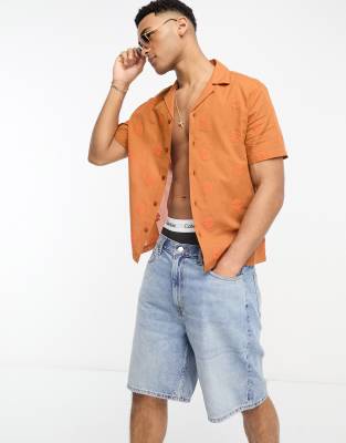 River Island short sleeve revere embroidery shirt in rust - ASOS Price Checker