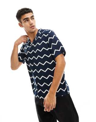River Island zig zag print shirt co-ord in navy - ASOS Price Checker