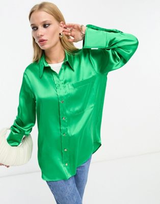 River Island co-ord satin shirt in bright green - ASOS Price Checker