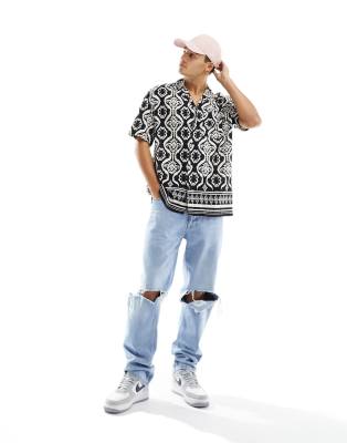 River Island short sleeve aztec print shirt in black - ASOS Price Checker