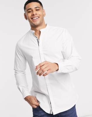 River Island - Chemise Oxford coupe slim col grand-père - Blanc-Marine