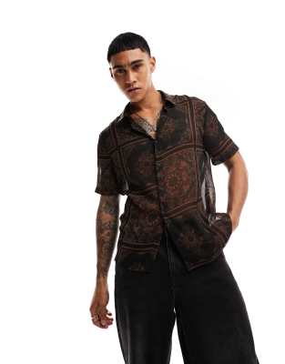 River Island short sleeved paisley sheer shirt in brown  - ASOS Price Checker